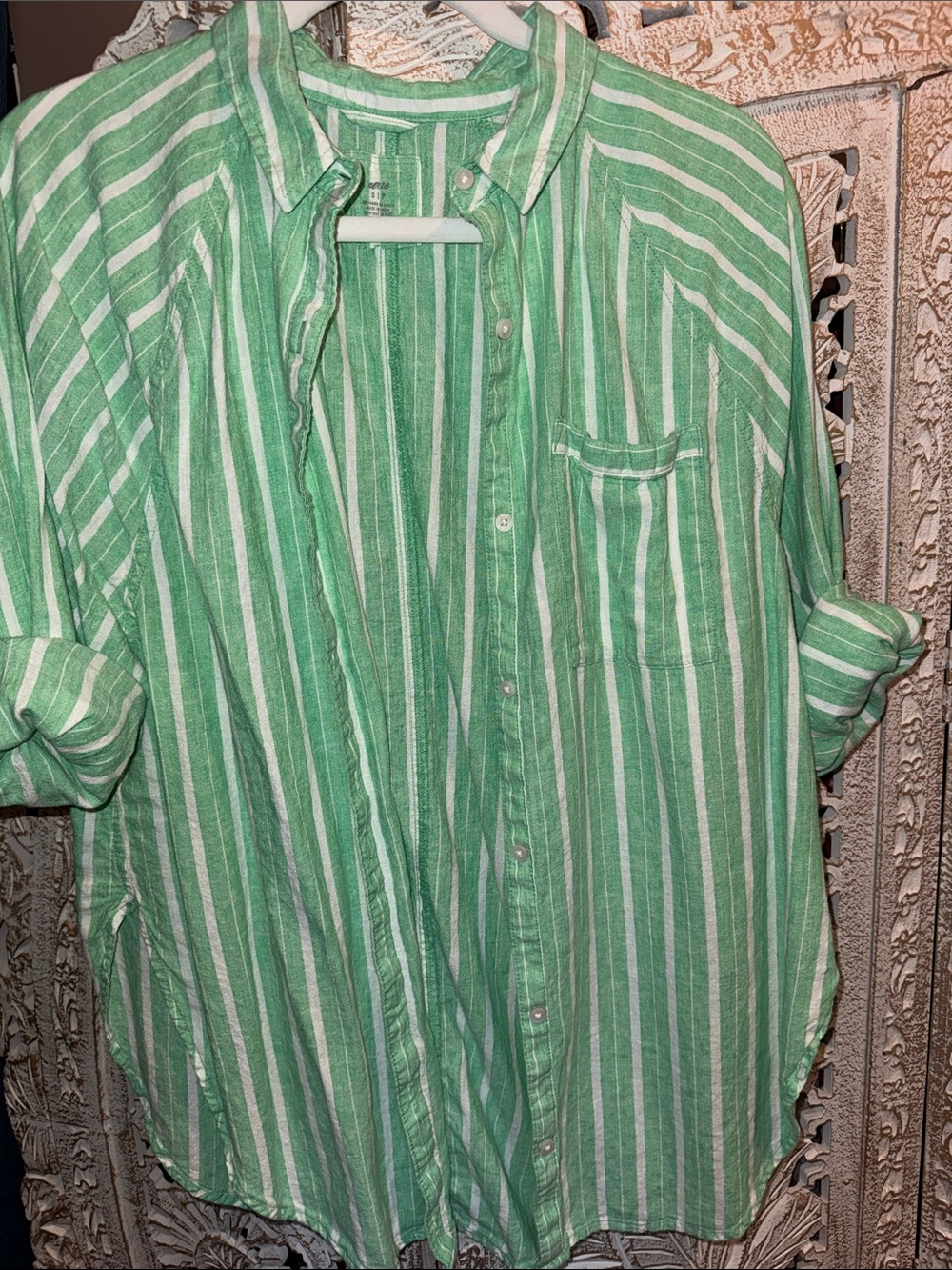 aerie Green and White Striped Button-Down Shirt